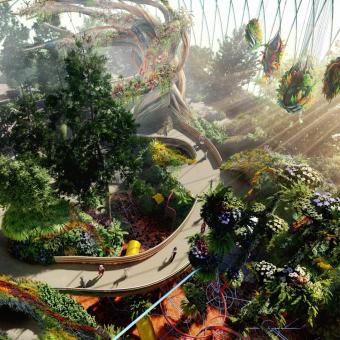 Concept art of aerial view of The Realm of the Sun Eden Project Morecambe